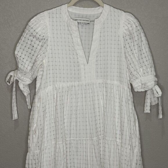 English Factory Dress Womens XS White Textured Midi Tie Sleeve Boho Pockets - Picture 3 of 9